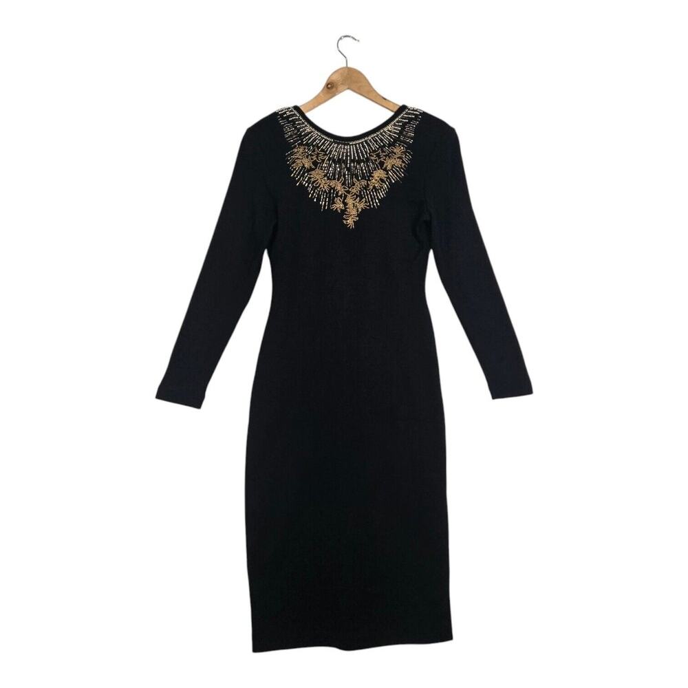 Exclusively Gantos Vintage Beaded Midi Sweater Dress Size 8 Black Wool Knit